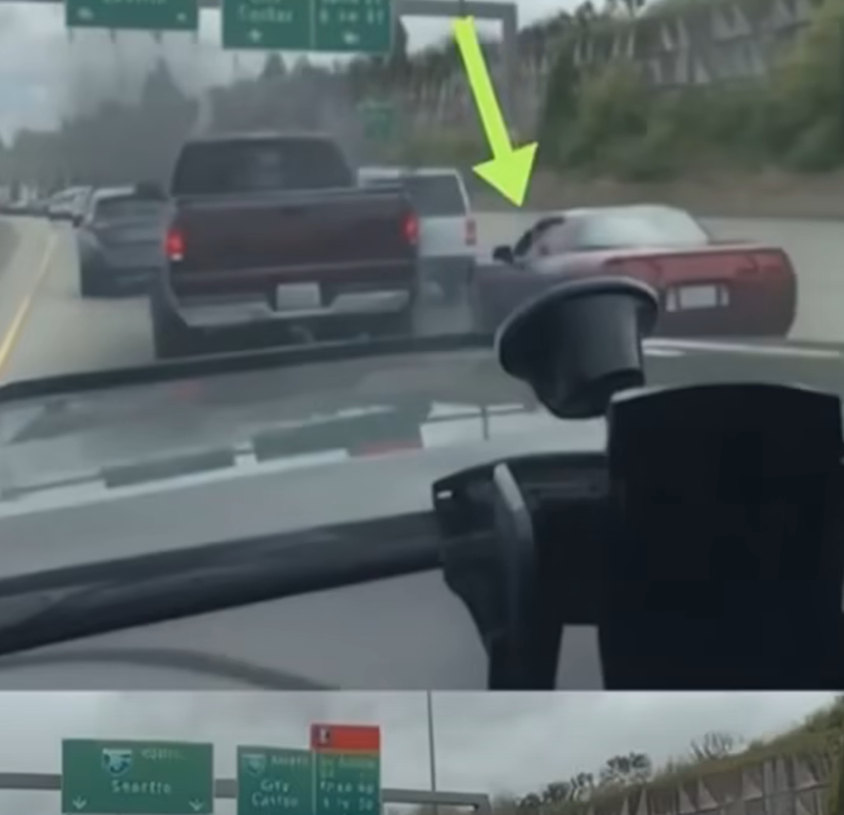 This Corvette driver must have definitely regretted flipping off the driver of this pickup truck.